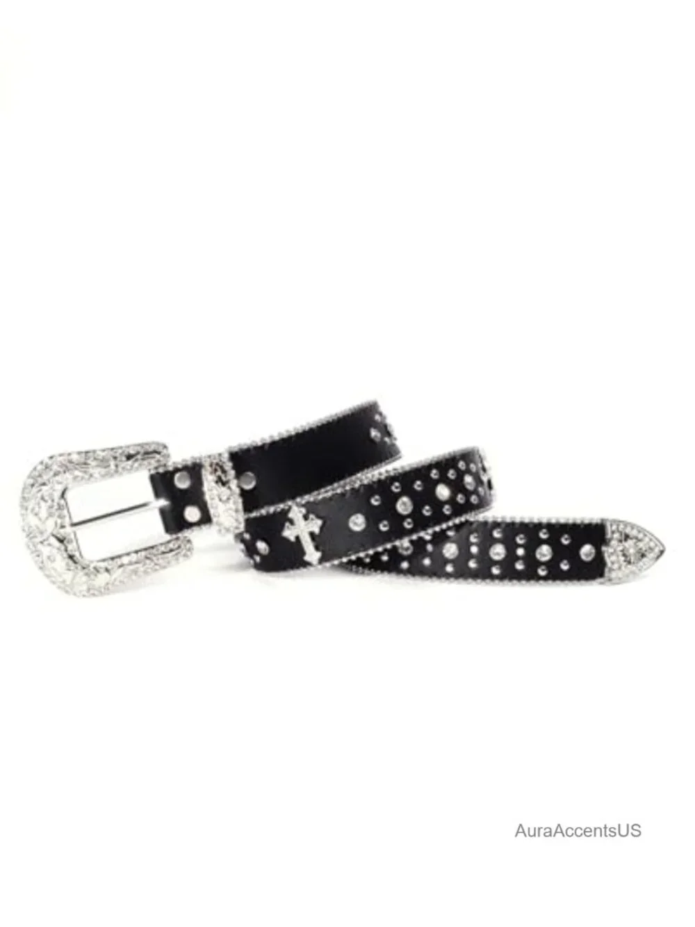 Rhinestone Western Belt - Faux Leather Cowgirl Cowboy Belt with Cross Design